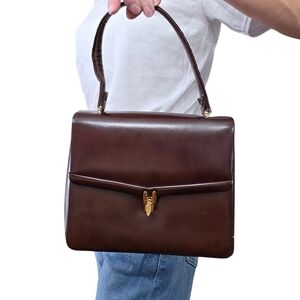 Vintage Peacock Brown Leather Top Handle Satchel Structured Classic Bag